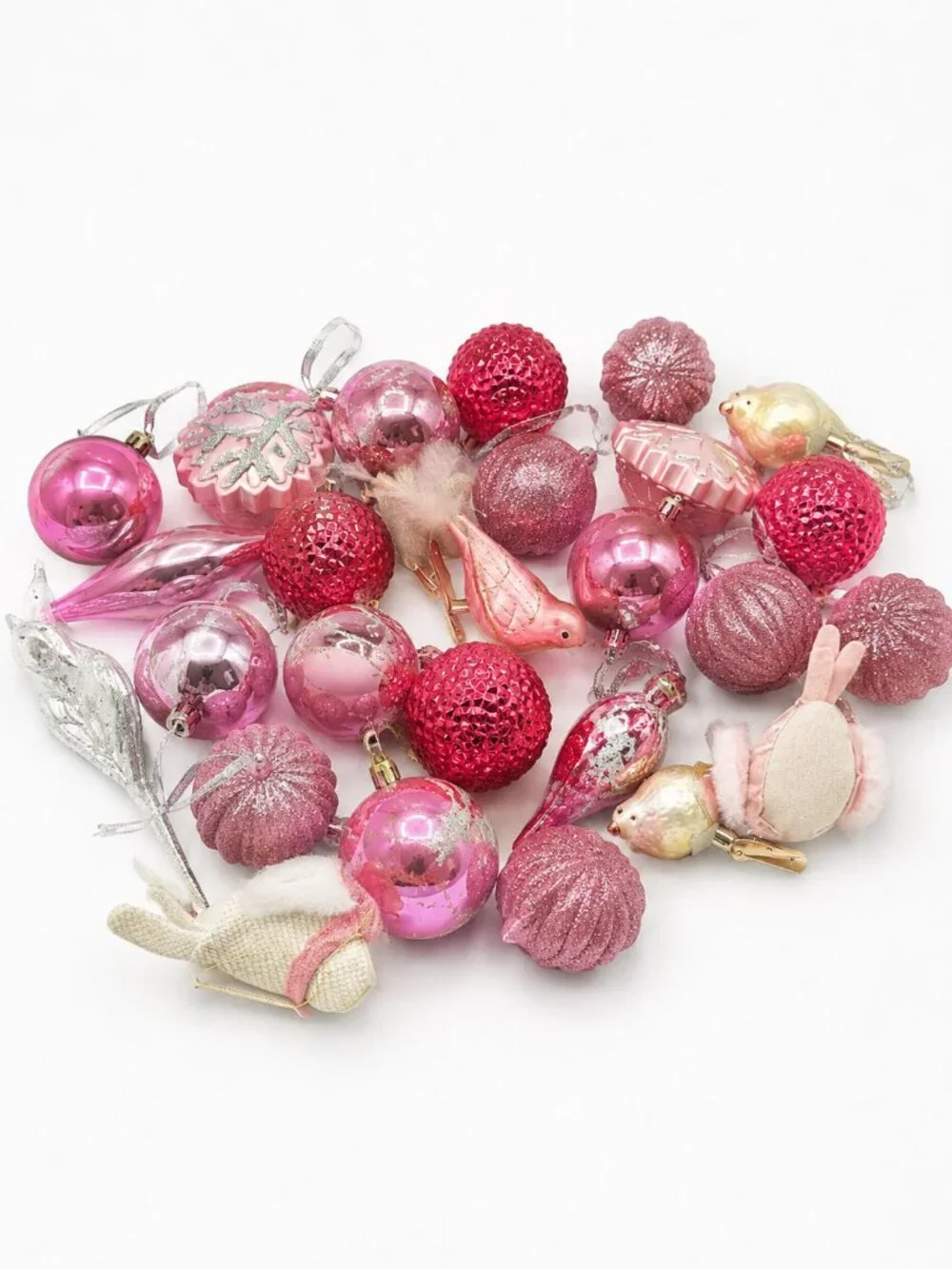 Pink Christmas Ornament Bundle | Shatterproof Bulbs, Glass Birds